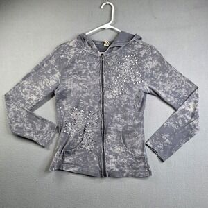 Kavio Hoodie Womens Size Extra Large Grey Full Zip Cross Roses Rhinestones Y2K